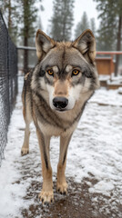 Fototapeta premium Wolf-dog in snowy enclosure with intense gaze.