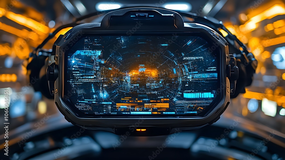 Poster futuristic control panel displaying data and graphics in a high-tech environment.