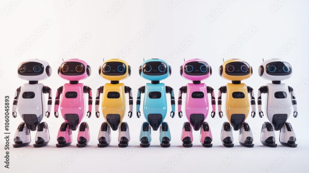 Poster group of smart ai robots in various colors and sleek designs isolated on white