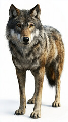 Fototapeta premium Grey wolf standing and looking forward isolated on white background.