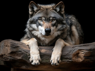Obraz premium Grey wolf resting on log with intense gaze against dark background.