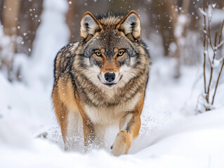 Obraz premium Wolf walking through snowy forest in winter with focused expression.
