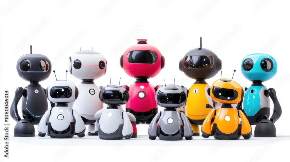 Aufkleber group of smart ai robots in various colors and sleek designs isolated on white