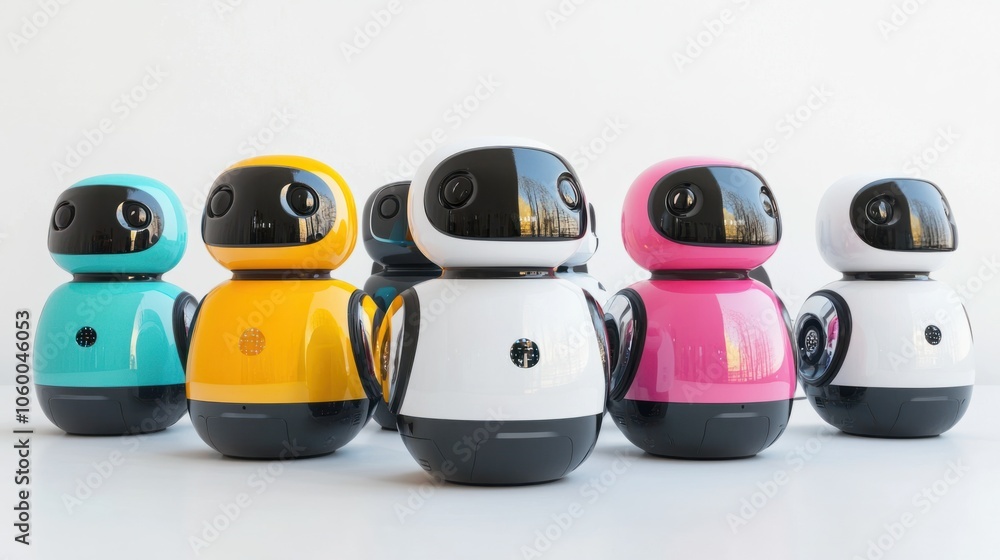 Poster group of smart ai robots in various colors and sleek designs isolated on white