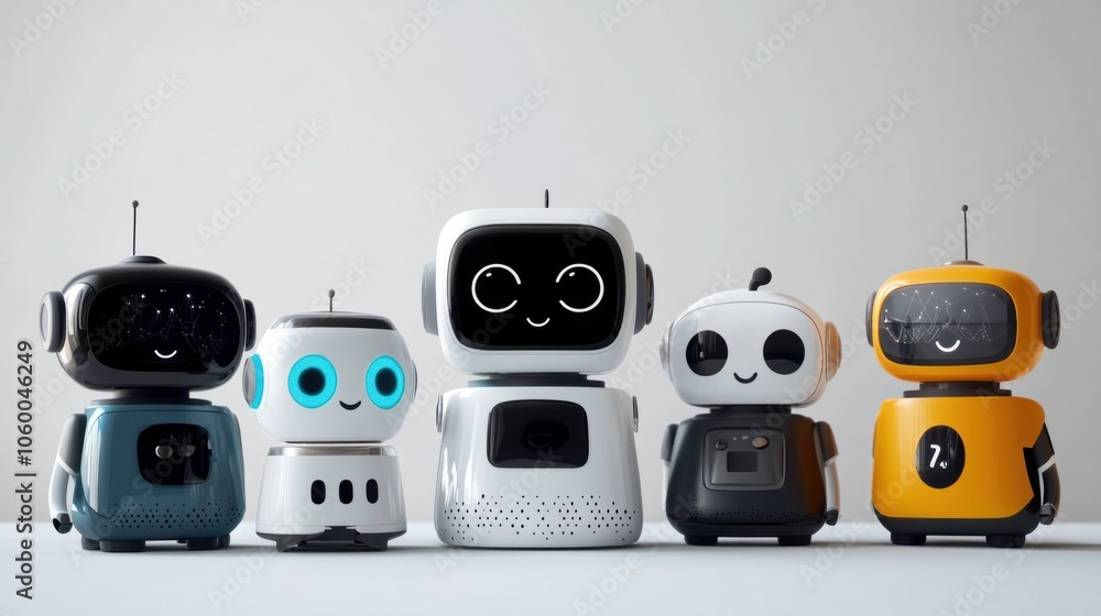 Poster group of smart assistant robots with digital expressions and unique designs on a white background
