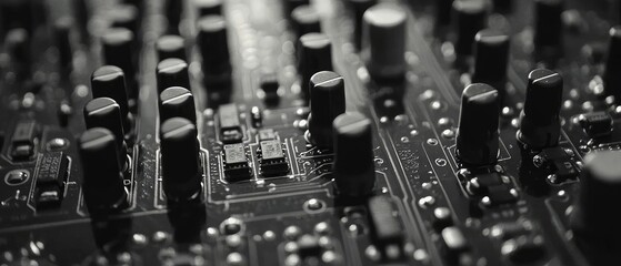 Close-up of a circuit board with many capacitors and resistors.