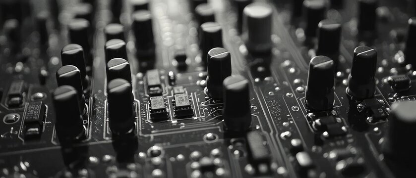 Close-up of a circuit board with many capacitors and resistors.