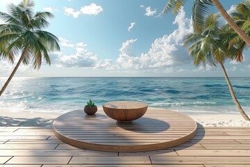 Obraz premium A tranquil wooden podium overlooking a serene beach with gentle waves, palm trees swaying under a clear summer sky, perfect for relaxation and inspiration