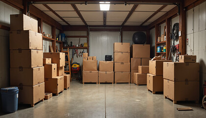Stacked cardboard boxes in cluttered storage garage