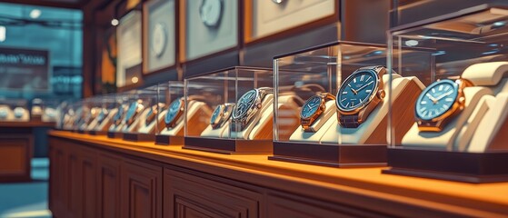 Luxury watches displayed in a shop window on a shelf with wooden shelves.
