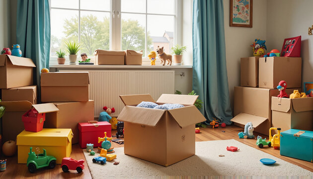Moving boxes and toys in bright children's room