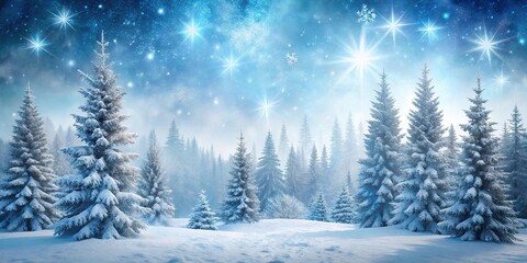 Fototapeta premium Snowy forest landscape with frosted pine trees and twinkling snowflakes on a winter wonderland background, cold, pine