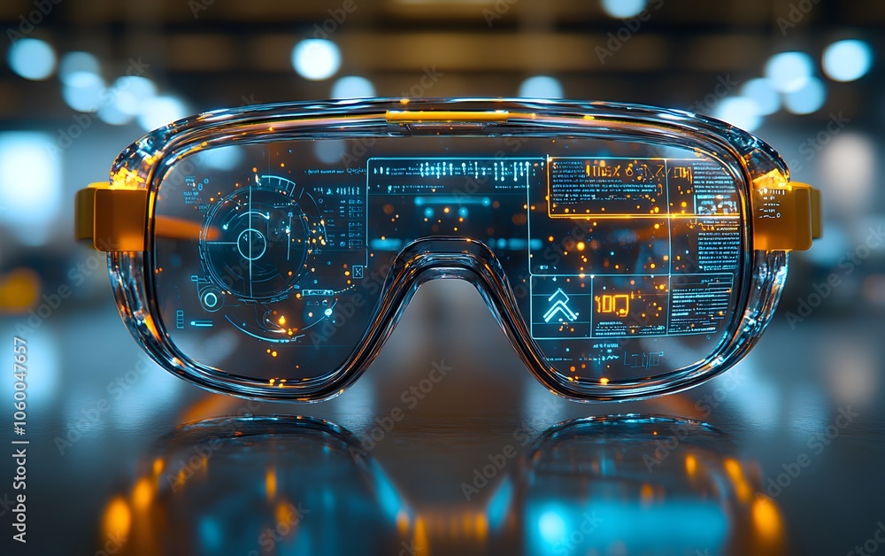 Poster futuristic augmented reality goggles displaying digital information and graphics.