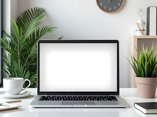 Fototapeta premium Blank Laptop Screen Mockup on Wooden Table with Coffee Mug and Plants.