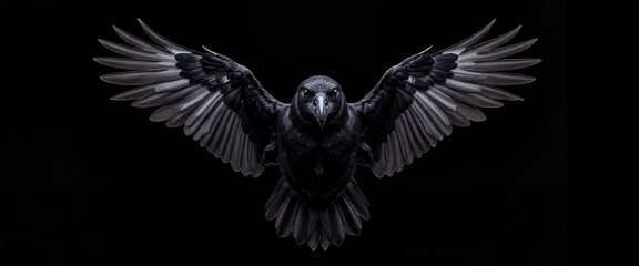 Majestic black raven with spread wings on dark background