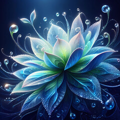 close-up illustration of a fantastical flower, with translucent petals in shades of blue and green, adorned with glistening dewdrops that capture and reflect light. 