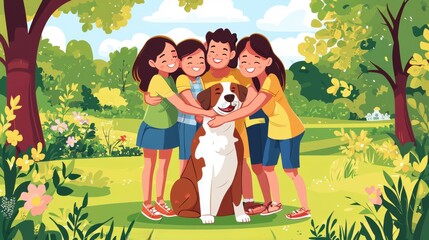 Family huddle with their pet dog in a park Entire family embracing their pet in a joyful group hug in a sunny, outdoor setting
