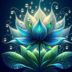 close-up illustration of a fantastical flower, with translucent petals in shades of blue and green, adorned with glistening dewdrops that capture and reflect light. 