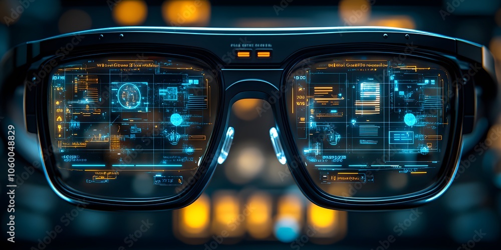 Poster futuristic glasses displaying holographic data and interfaces.