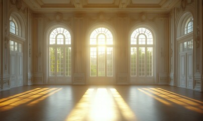 Obraz premium A sunlit room with large arched windows and wooden flooring, creating a serene atmosphere.