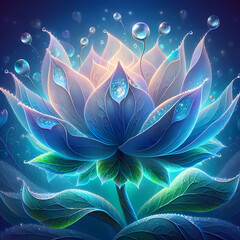 close-up illustration of a fantastical flower, with translucent petals in shades of blue and green, adorned with glistening dewdrops that capture and reflect light. 