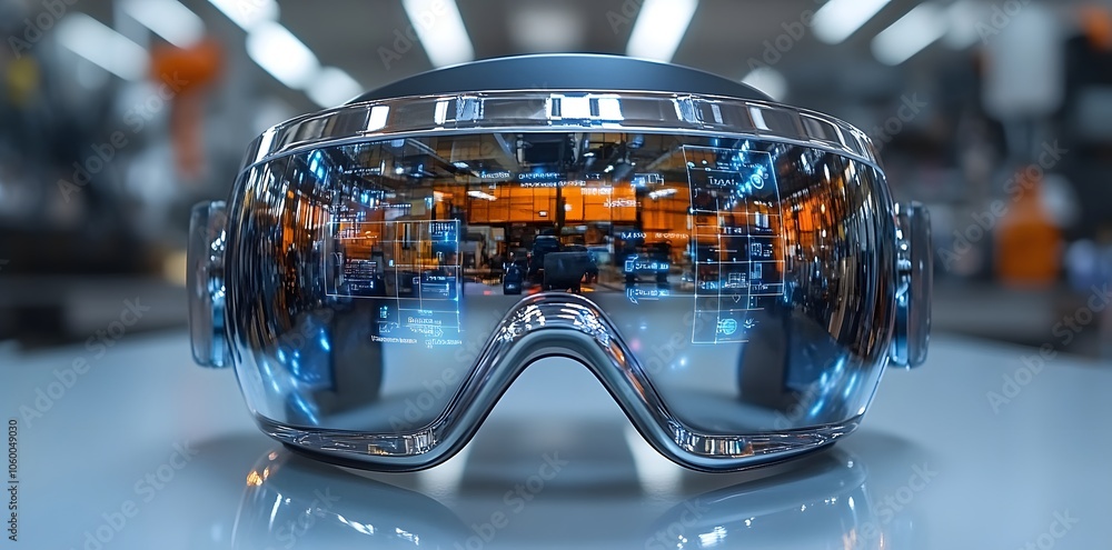 Poster futuristic goggles reflecting a high-tech environment, designed for augmented reality experiences.