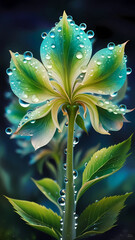 close-up illustration of a fantastical flower, with translucent petals in shades of blue and green, adorned with glistening dewdrops that capture and reflect light. 