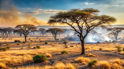 Naklejka premium Spreading wildfire in a dry savannah landscape with charred remains of trees and acacia bushes, fire, savannah