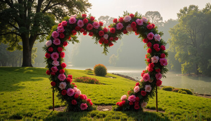 Valentine's Day, Heart-shaped floral arch in romantic park setting