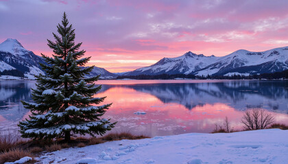Obraz premium Snowy mountains reflect in lake at colorful winter sunset