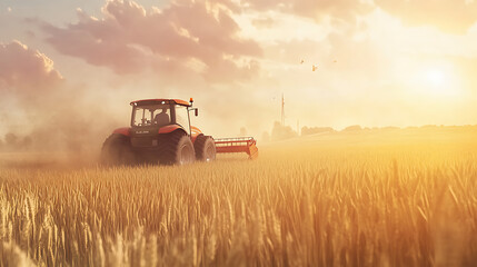 Fototapeta premium A farmer driving a tractor through a wheat field during harvest season with dust clouds in the background, Photorealistic