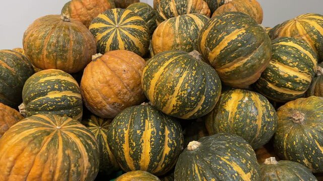 A mound of round golden green and orange buttercup squash for sale in a supermarket display