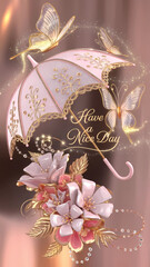 A 3D render of a whimsical, ornate decorative umbrella. The umbrella is predominantly light glitter pink and gold