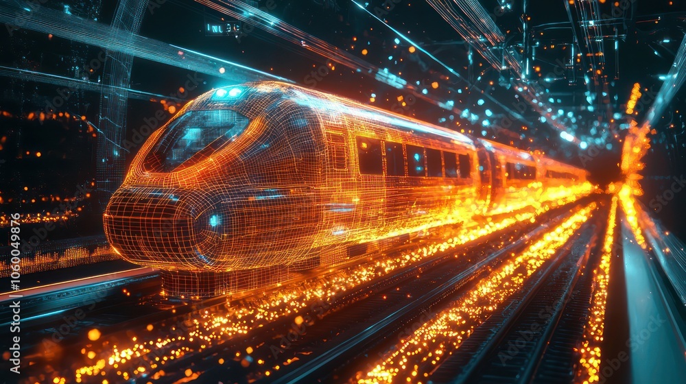 Aufkleber digital wireframe of a futuristic train with surrounding light particles.