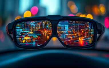 Futuristic glasses displaying a vibrant cityscape with digital overlays.