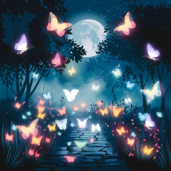 A Flirty illustration style image of a moonlit path surrounded by a mystical atmosphere. 