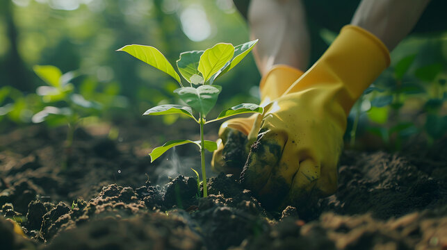 Person planting trees or working in community garden promoting local food production and habitat restoration, concept of Sustainability and Community Engagement