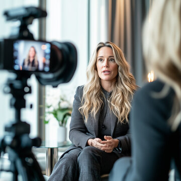 Female Host In A Suit Engaging In A Lively Discussion, Captured On A Professional Camera Setup Against moderm studio