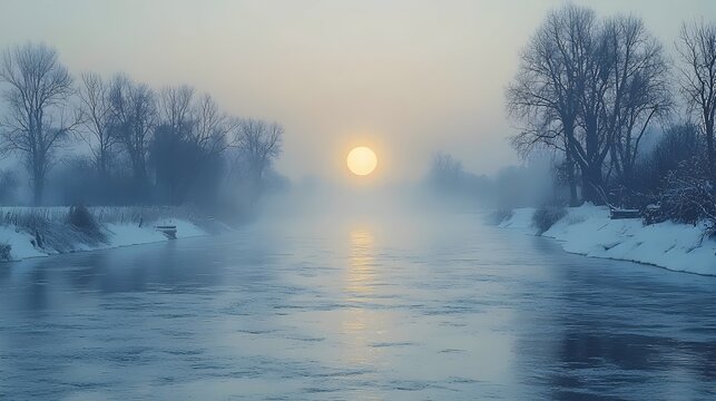 A tranquil winter scene featuring a frozen river at dawn, with mist rising and a large sun barely visible in the distance, surrounded by bare trees and soft pastel colors.