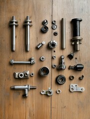 Obraz premium Overhead View of Various Metal Auto Parts Arranged on Wooden Table Surface