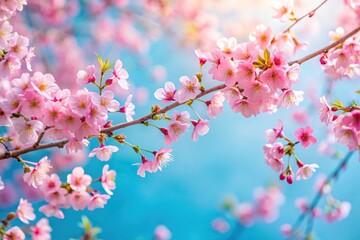 Obraz premium Vibrant cherry blossom branches against a soft blue sky with delicate pink petals scattered throughout, blue sky, artistic, anime, cherry blossoms, flowers
