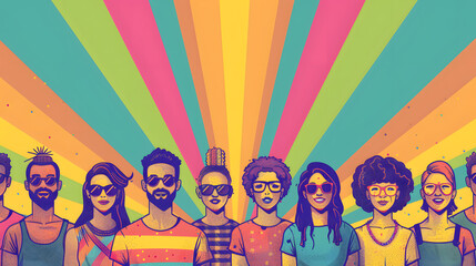 Pop art illustration, banner, texture or background depicting the pride day and the LGBT community with diverse people