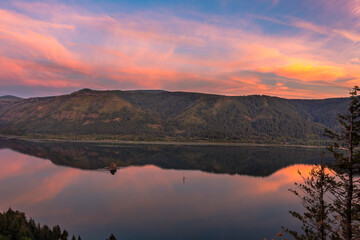 Fototapeta premium Calm river view from above in sunset colors. Columbia River, Washington