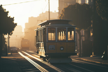 Obraz premium Selective focus yellow tram among the two lane road with silhouette style, Public tram on railroad with sun shine view.