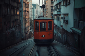 Naklejka premium Selective focus cable car incline to skyscraper with cityscape view, Aerial view of convenience transportation way to highland, Orange cable car among building.