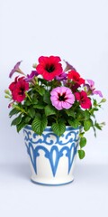 Vibrant petunia flowers blooming in a stylish blue and white ceramic pot, blooming, blue and white, decor