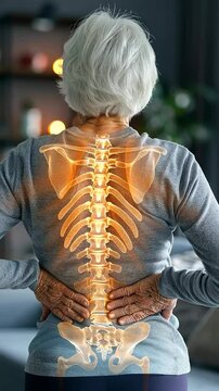 Coccyx strain: visual depiction of pain radiating from coccyx and lower back area, showcasing spinal discomfort, physical strain associated with chronic low back pain.