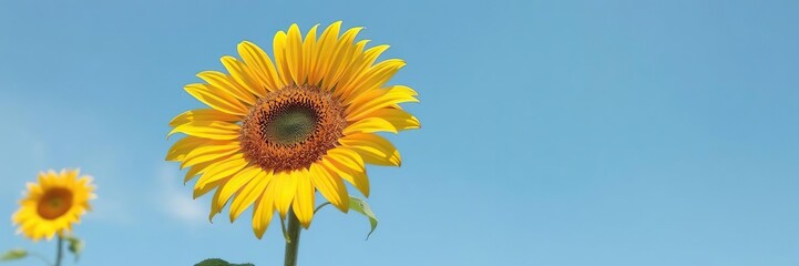 Naklejka premium Vibrant sunflower reaching towards the sun on a clear blue sky background, sunshine, nature