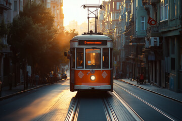 Fototapeta premium Selective focus tram with headlight on railroad, Public transport with cable line on the road, Tram on the road in the middle of the town with sunset view.
