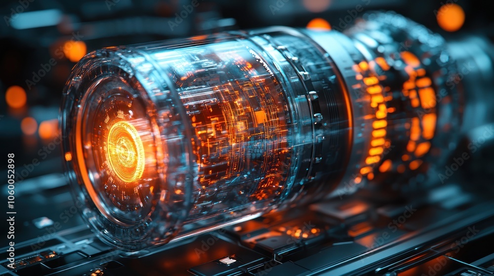 Poster futuristic transparent device with glowing elements and intricate design.